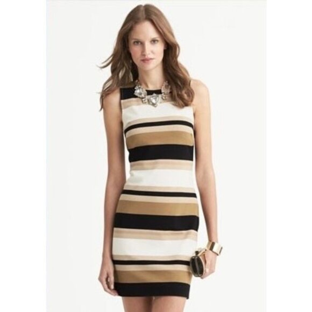 Banana Republic Striped Ponte Knit V Back Sheath Dress Shimmer Tan Cream Size 0